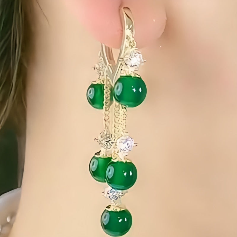 1 Pair Korean Fashion Emerald Cat Eye Stone Tassel Earrings for Women