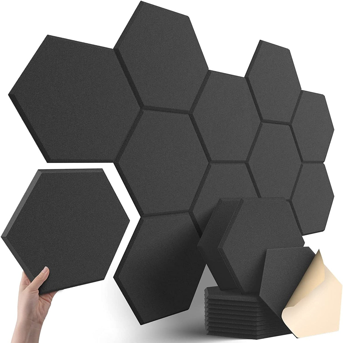 12Pcs High Density Hexagon Studio Acoustic Panels Self-adhesive Sound Absorbing Wall Panel KTV Drum Room Soundproof Pad Stickers