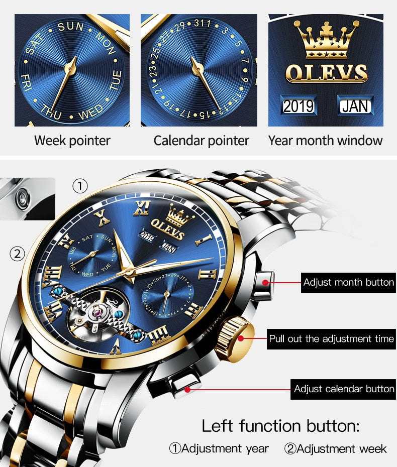 Mechanical Automatic Stainless Steel Waterproof Luminous Watch for Men