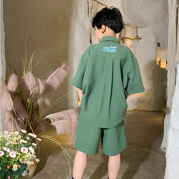 Boys Smog Green Preppy Style Suit Children 'S Summer Clothing Girls Fried Street Fashionable Short Sleeve Shirt