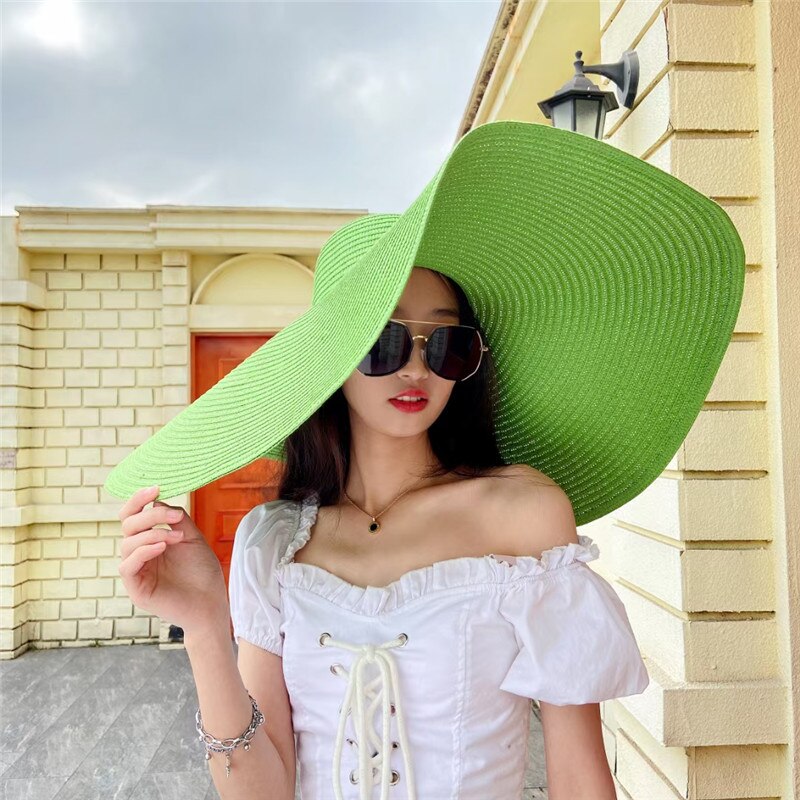 Simple Large Foldable 25cm Wide Brim Floppy Straw Hat For Women Girl Uv Protection Sun Hat Female Holiday Beach Panama Shade Cap