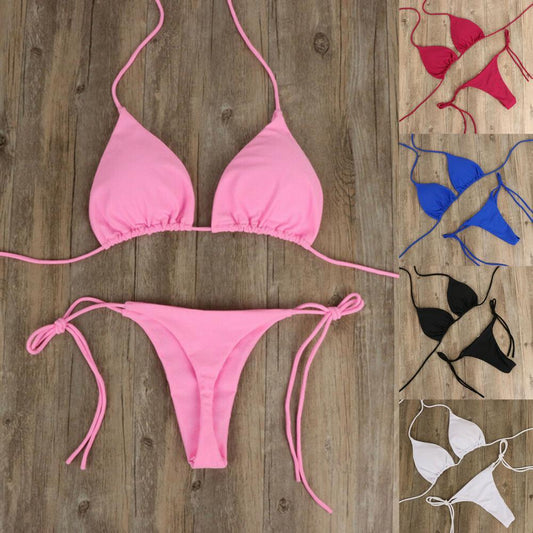 2 Pcs/Set Women Swimsuit Set Pure Colors Strap Halter Neck Thong Women Swimsuit Set   Women Swimsuit  for Travel