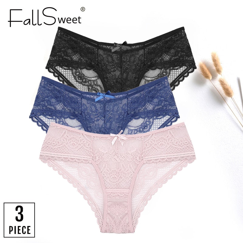 FallSweet 3 pcs/lot ! Lace Panties Women Sexy Lingerie Transparent Briefs Ultra Thin Soft Underwear S to XXL