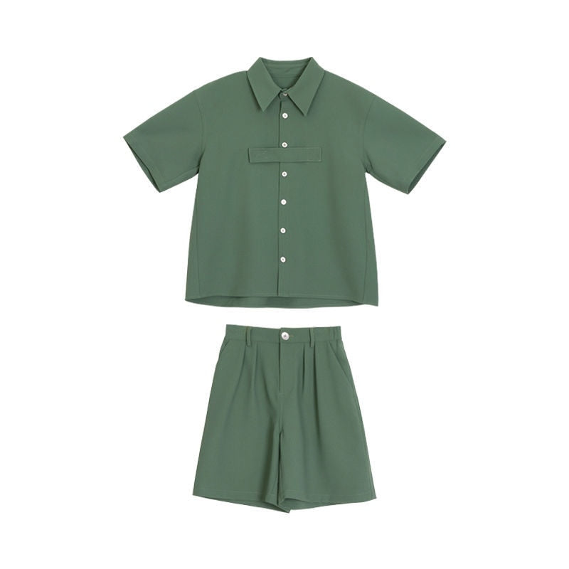 Boys Smog Green Preppy Style Suit Children 'S Summer Clothing Girls Fried Street Fashionable Short Sleeve Shirt