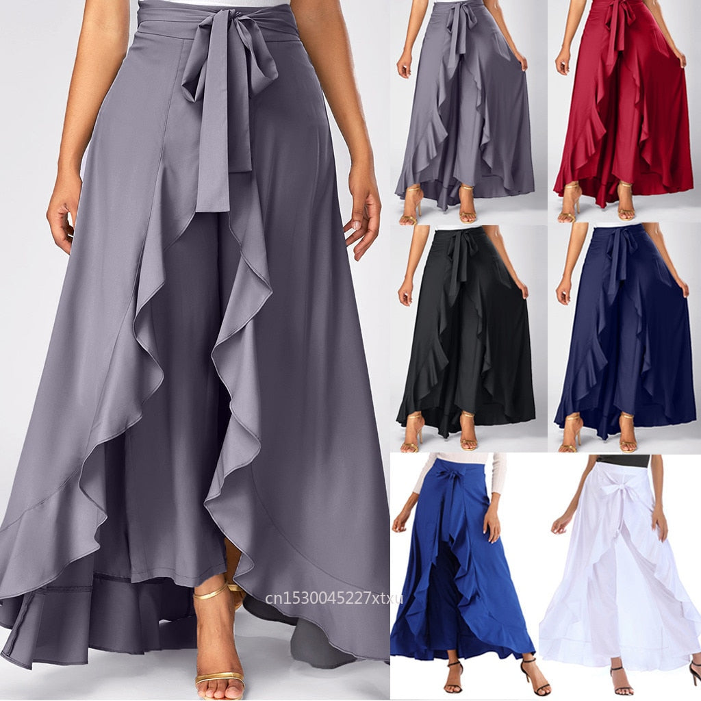 Pantalones de vestir, parte delantera corta, parte trasera larga, falda de fiesta, irregular, alta, baja, cremallera lateral, lazo, casual, salvaje, frente superpuesto, pantalones con volantes, Dropship