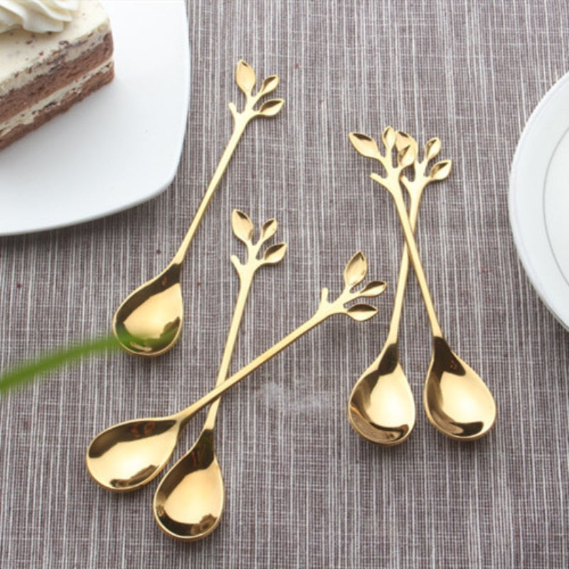 1/5PCS  Tree Leaf Stainless Steel Gold Spoons