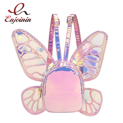 Fashion Women's Laser Mini Backpack Butterfly Angel Wings Daypack for Girls Travel Casual Daypack School Bag Holographic Leather - Hiccupzz