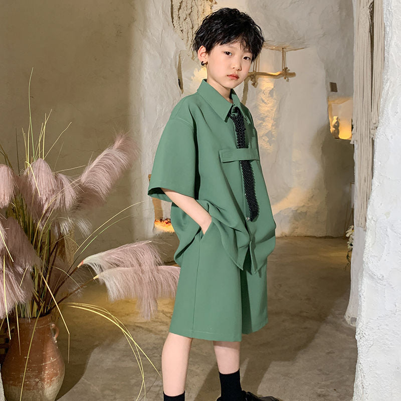 Boys Smog Green Preppy Style Suit Children 'S Summer Clothing Girls Fried Street Fashionable Short Sleeve Shirt