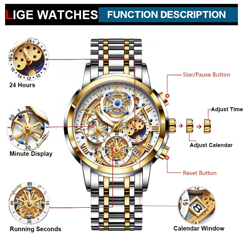 LIGE Top Brand Original Sports Quartz Waterproof Chronograph Wristwatch for Men