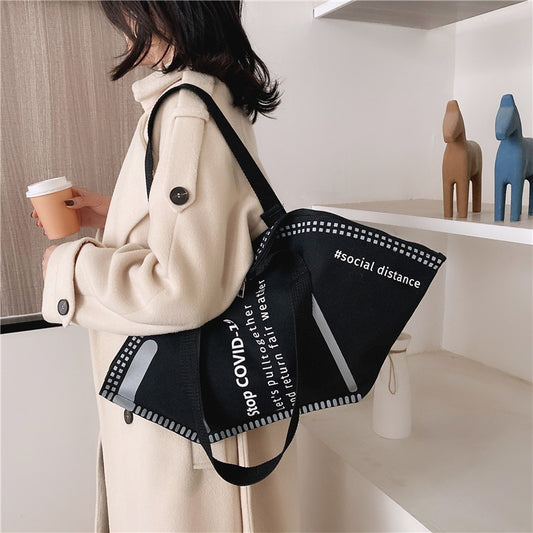 Women Funny Creative Large Mask Shopping Bag Canvas Shoulder Bag Home Storage Bag Handbag Tote Bag