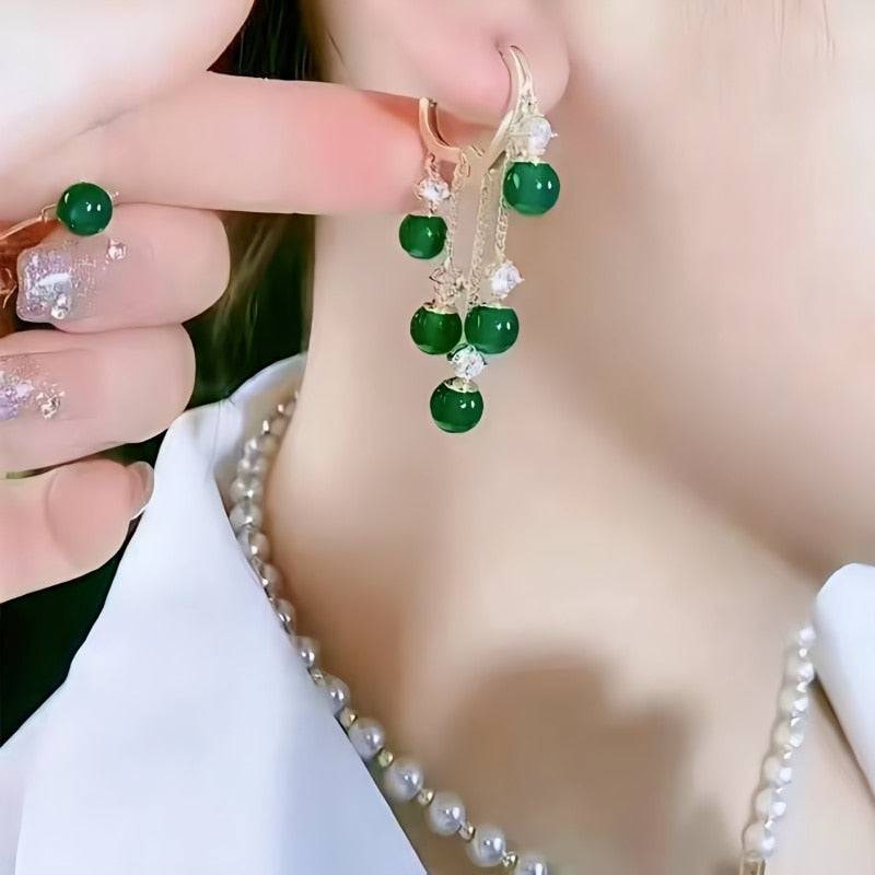 1 Pair Korean Fashion Emerald Cat Eye Stone Tassel Earrings for Women