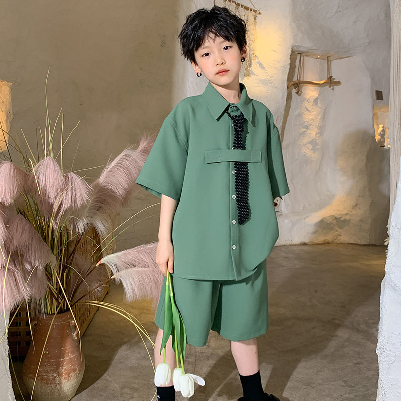 Boys Smog Green Preppy Style Suit Children 'S Summer Clothing Girls Fried Street Fashionable Short Sleeve Shirt