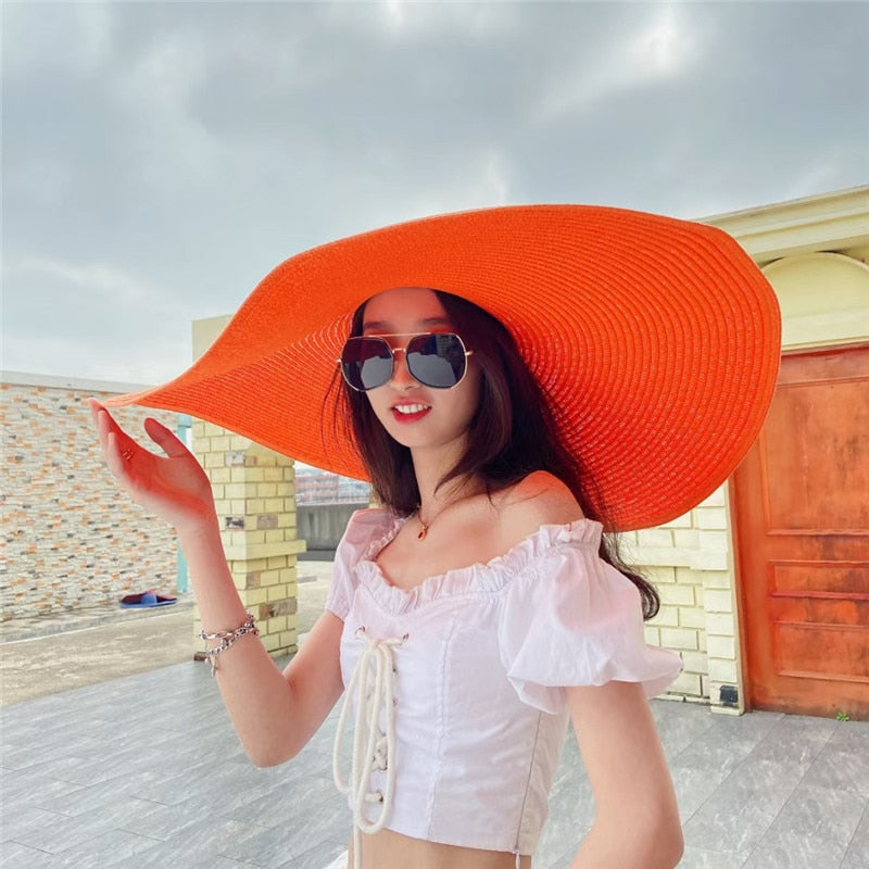 Simple Large Foldable 25cm Wide Brim Floppy Straw Hat For Women Girl Uv Protection Sun Hat Female Holiday Beach Panama Shade Cap