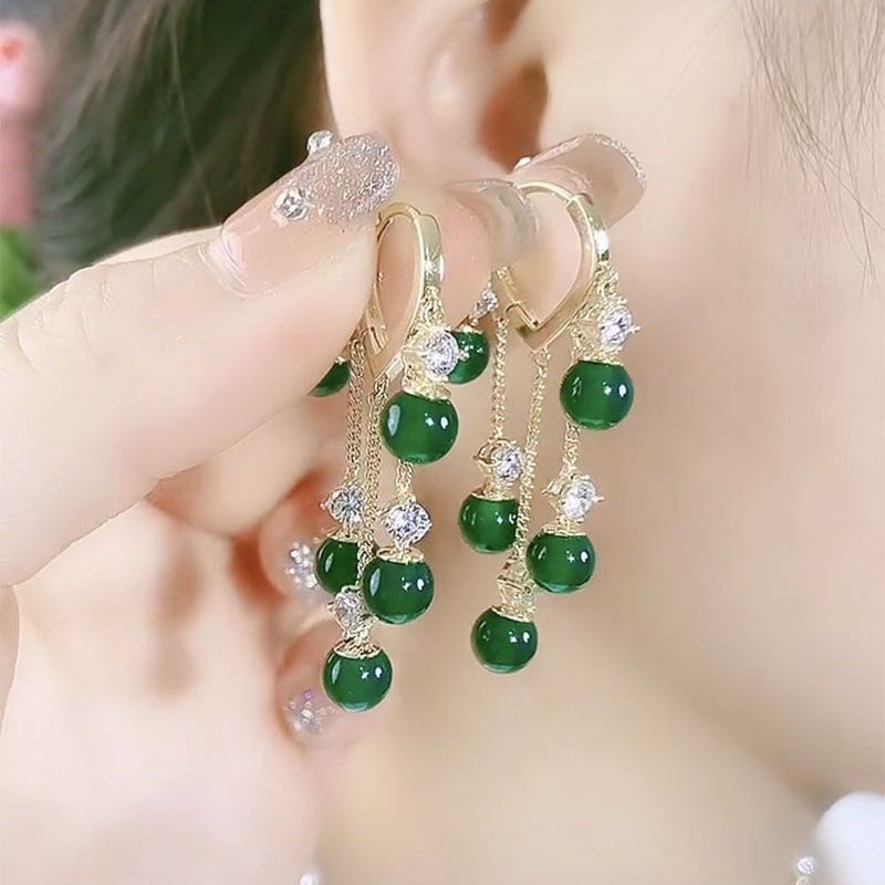 1 Pair Korean Fashion Emerald Cat Eye Stone Tassel Earrings for Women