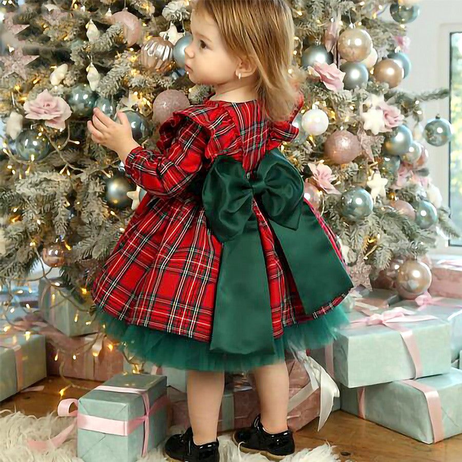 Girls Kids Red Checkered Bow Christmas Dress - Hiccupzz