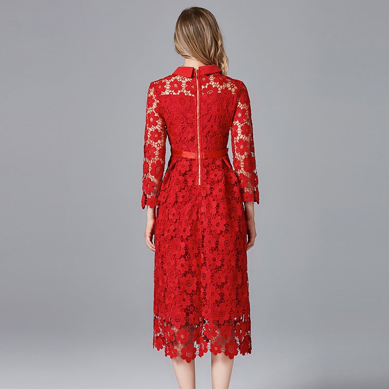 Red Skirt Women's Long-sleeved Water-soluble Lace A-line Large Size Dress - Hiccupzz