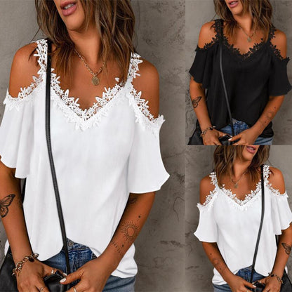 New V-neck Stitching Women's Short Sleeve Lace Loose Camisole - Hiccupzz