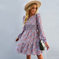 Round Neck Floral Dress Winter Long Sleeve All-matching A- Line Skirt - Hiccupzz