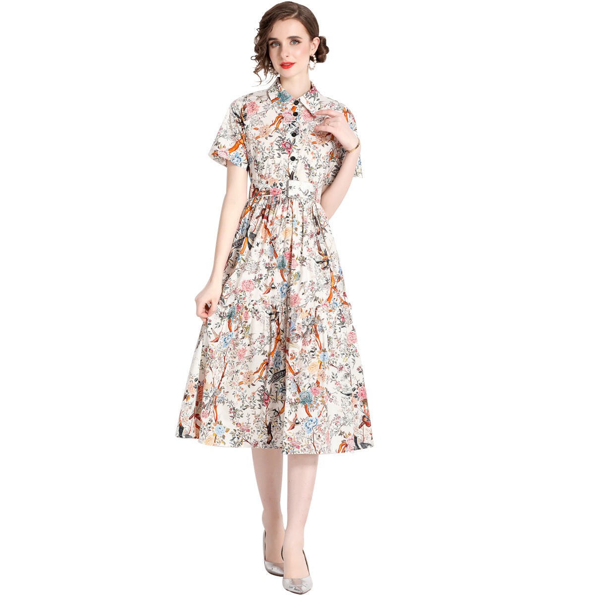 Singing Birds And Flowers Print Fashion Ladies Dress - Hiccupzz