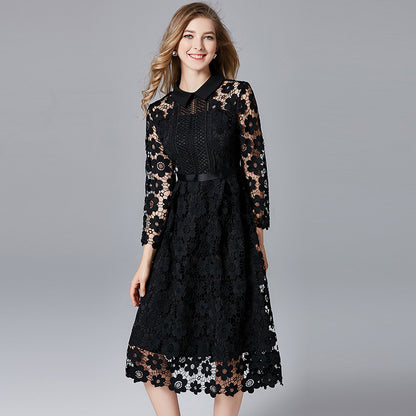 Red Skirt Women's Long-sleeved Water-soluble Lace A-line Large Size Dress - Hiccupzz
