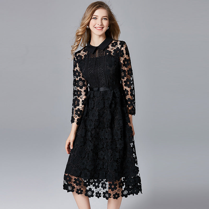 Red Skirt Women's Long-sleeved Water-soluble Lace A-line Large Size Dress - Hiccupzz