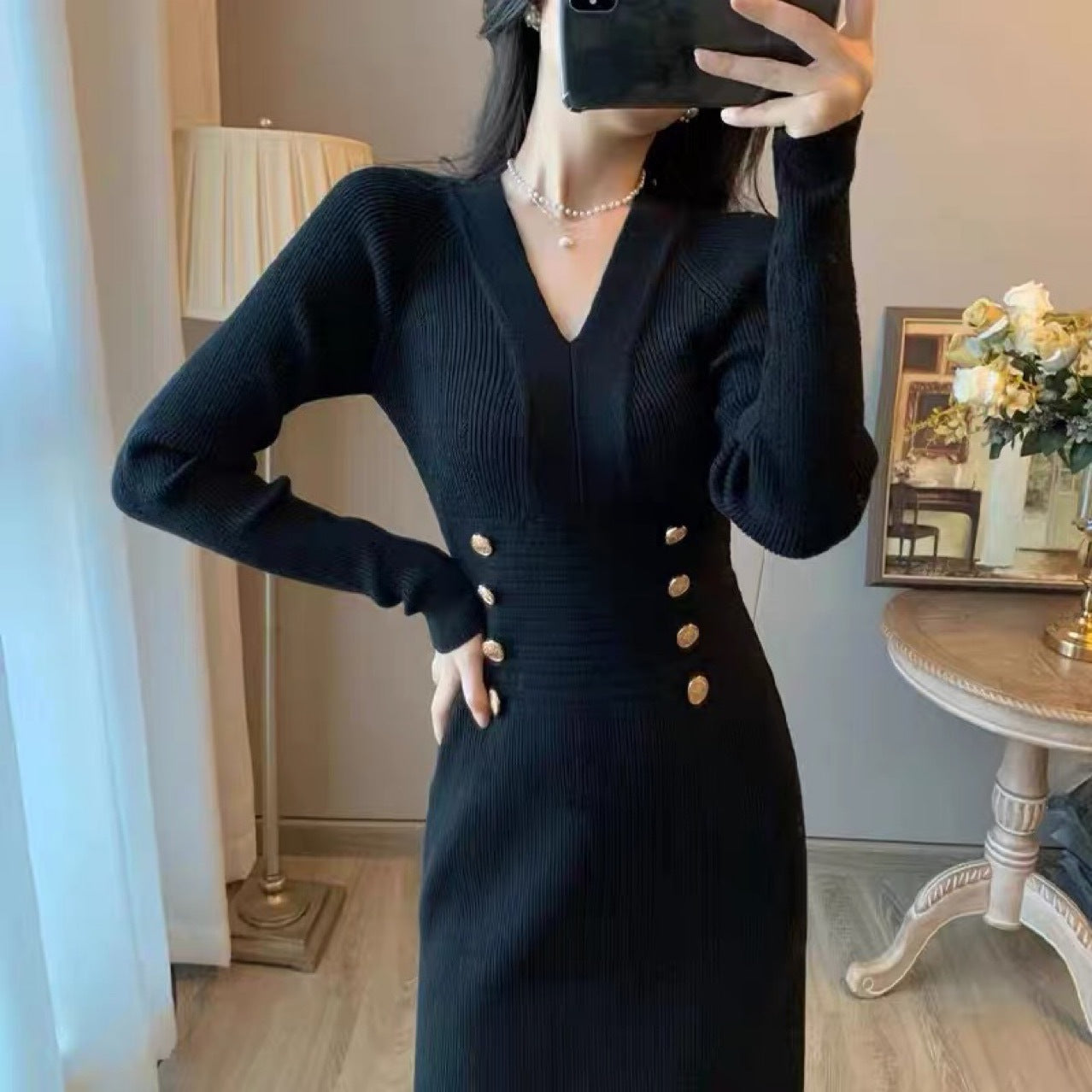 Women's Fashion Retro Skinny V-neck Dress