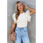 Spring And Summer New Knitted Stitching Mesh Ruffle Sleeve Top European And American Solid Color Round Neck Pullover - Hiccupzz