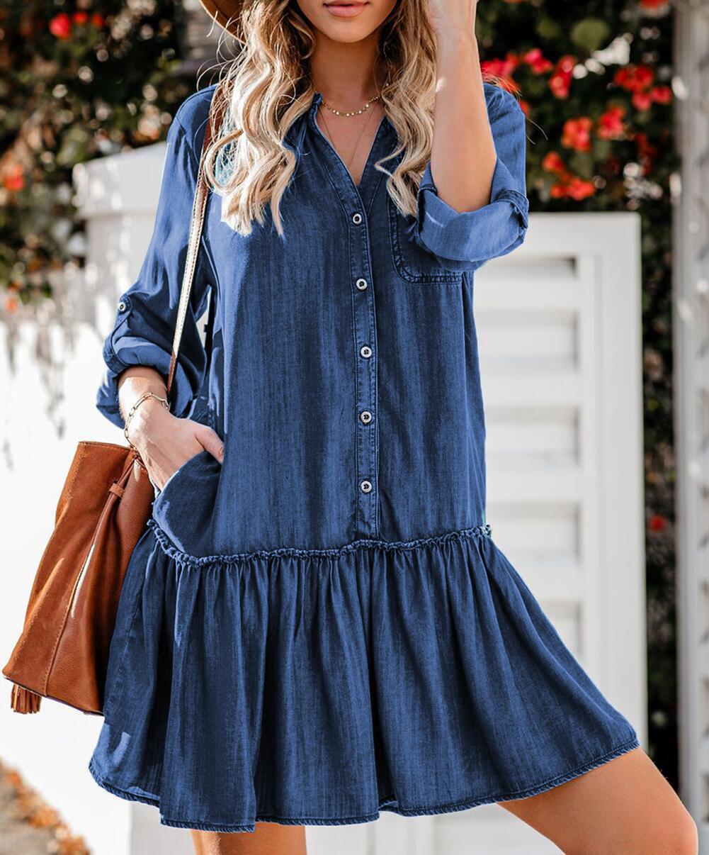 V-neck Panel Loose Breasted Denim Skirt