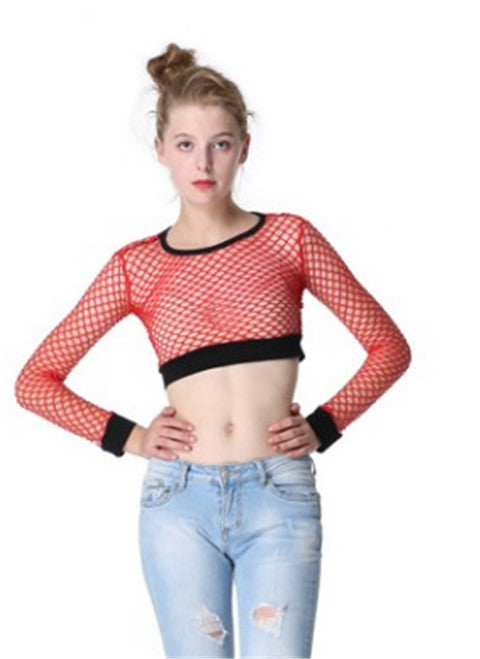 Camiseta de rejilla transparente con cintura alta y aberturas para mujer