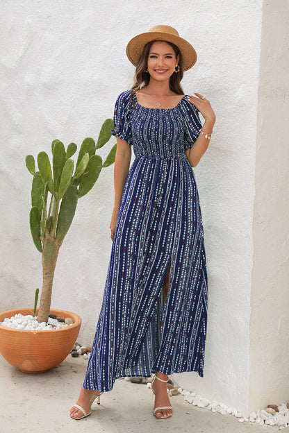 Spring And Summer New Vertical Stripes Floral Print Slit Waist Dress - Hiccupzz