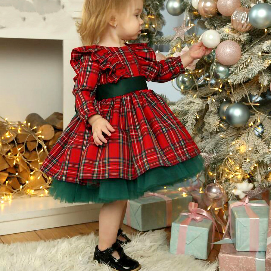 Girls Kids Red Checkered Bow Christmas Dress - Hiccupzz