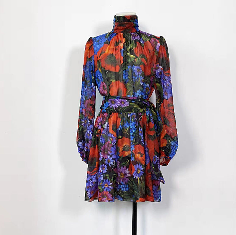 Printed Chiffon Long-sleeved Dress For Women