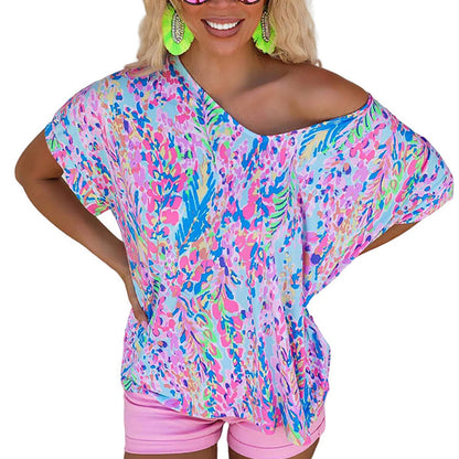 New Floral Painted T-shirt V-neck Short Sleeve Top - Hiccupzz