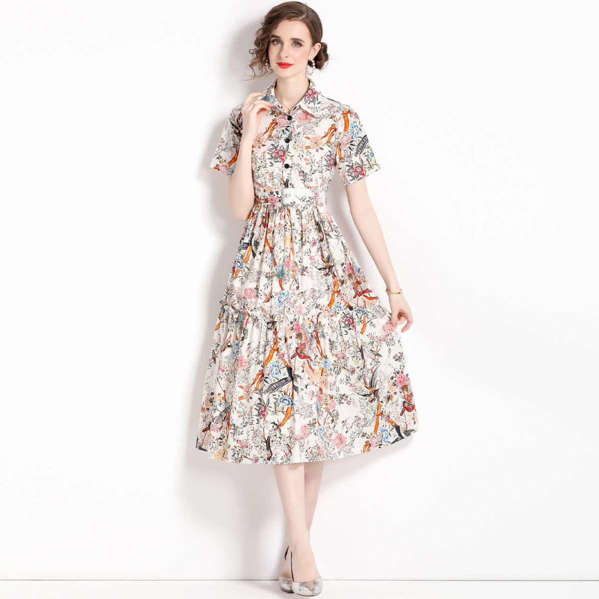 Singing Birds And Flowers Print Fashion Ladies Dress