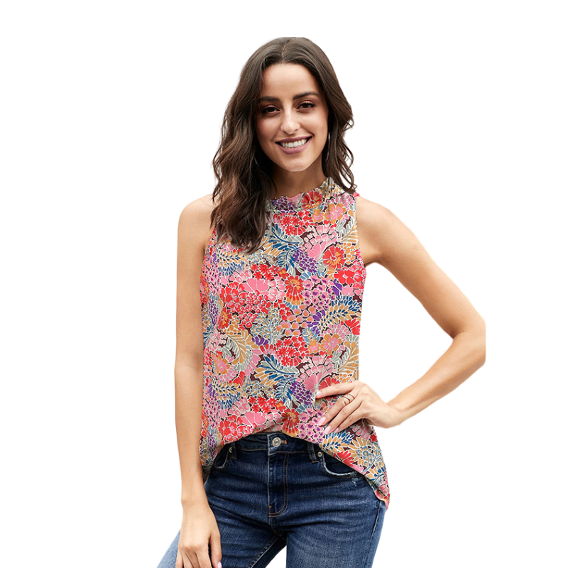 Chaleco con estampado floral para mujer, top de verano con cuello redondo y sin mangas con volantes para mujer