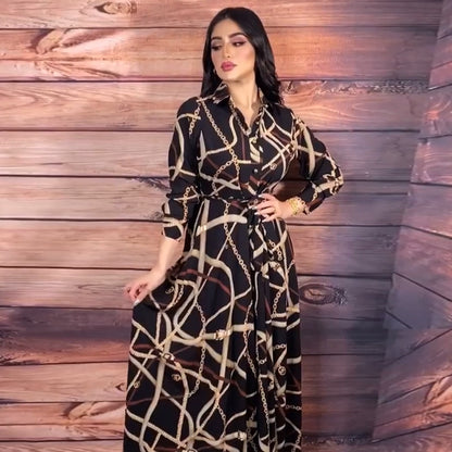 Women's V-neck Printed Dress With Belt - Hiccupzz