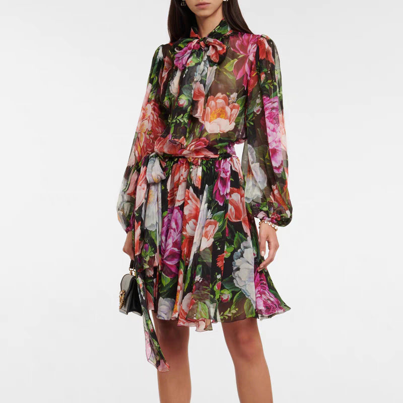 Printed Chiffon Long-sleeved Dress For Women