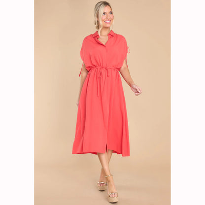 Summer Fitted Waist Turn-down Collar Single-breasted Drawstring Dress - Hiccupzz