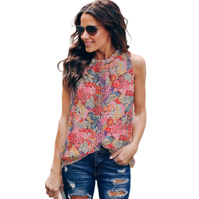 Chaleco con estampado floral para mujer, top de verano con cuello redondo y sin mangas con volantes para mujer