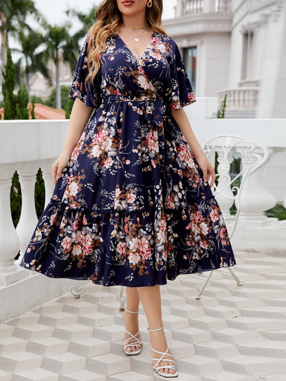 Plus Size Floral Surplice Neck Midi Dress - Hiccupzz