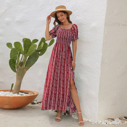 Spring And Summer New Vertical Stripes Floral Print Slit Waist Dress - Hiccupzz