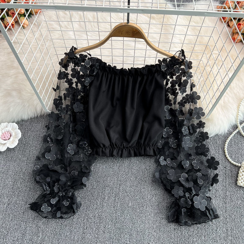 One-shoulder Three-dimensional Flower See-through Mesh Stitching Ladies Top