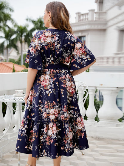 Plus Size Floral Surplice Neck Midi Dress - Hiccupzz