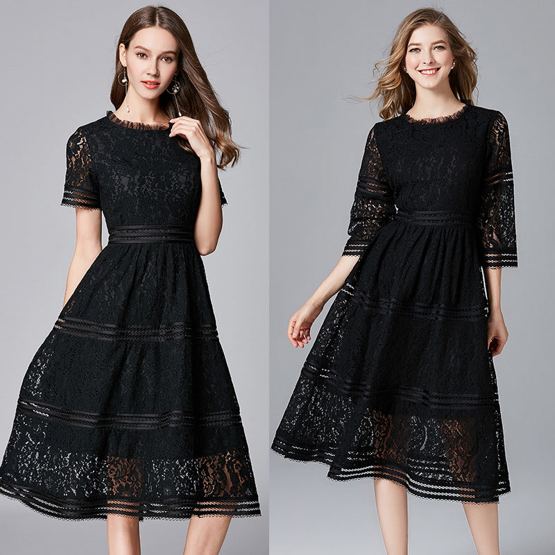 Women's Short-sleeved Lace Dress Women's Mid-length Waist Collection A-line Skirt - Hiccupzz