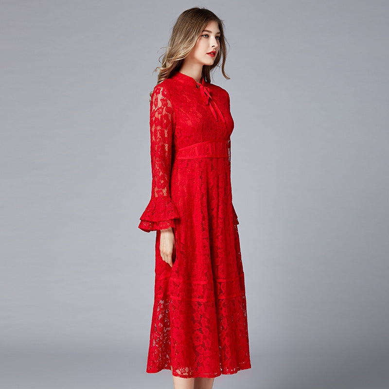 Red Long Skirt Slim Lace Dress With Large Swing - Hiccupzz