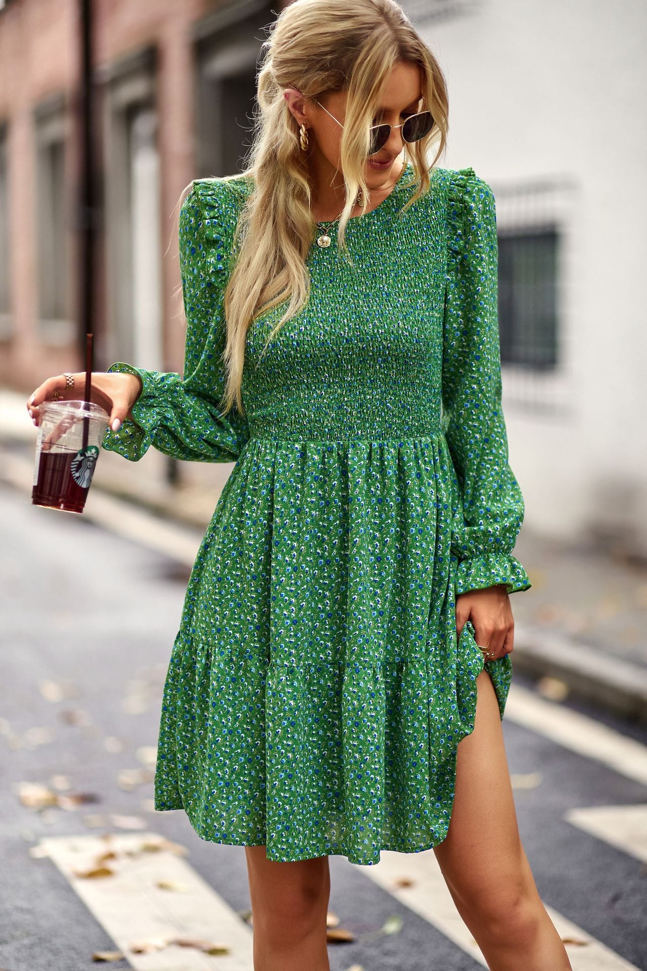 Round Neck Floral Dress Winter Long Sleeve All-matching A- Line Skirt