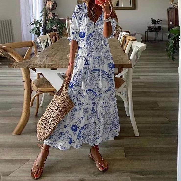 Casual And Sweet V-neck Printed Tassel Short Sleeve Midi Dress For Women