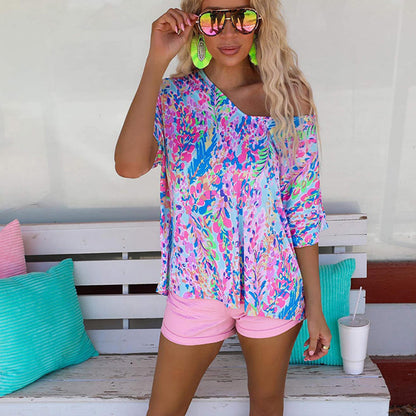 New Floral Painted T-shirt V-neck Short Sleeve Top - Hiccupzz