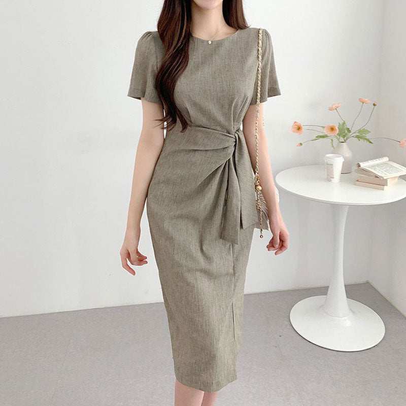 Retro Niche Round Neck Twist Tie Waist Ladies Dress