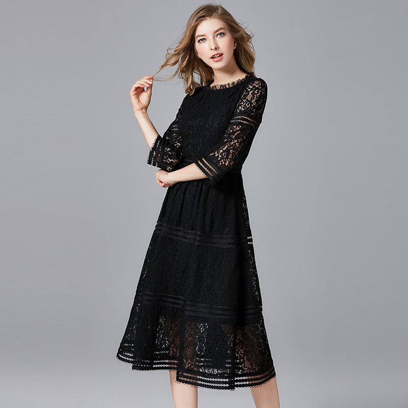 Women's Short-sleeved Lace Dress Women's Mid-length Waist Collection A-line Skirt - Hiccupzz